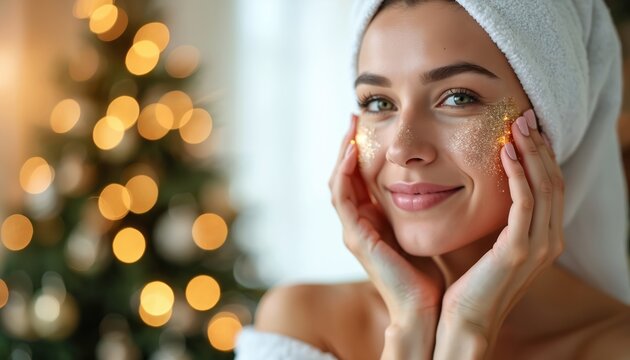 Festive winter skincare routine for glowing, hydrated skin. Woman enjoys pampering with facial treatment. Natural nourishment, rejuvenation, relaxation with essential ingredients for youthfulness,