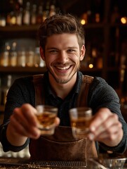 Joyful Bartender in Smoky Ambience: Craft Spirits & Vibrant Nightlife Scene