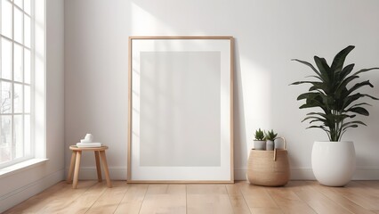 Vertical Wooden Frame Mockup Leaning on a White Wall in a Bright Minimalist Room with Natural Sunlight, Houseplants, and Elegant Wood Elements