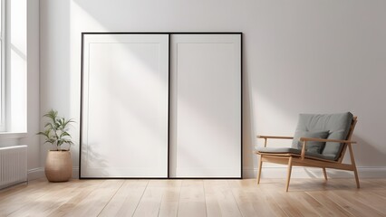 Bright Modern Minimalist Interior Design with Blank Wall Panels, Elegant Wooden Armchair, and Potted Plant Bathed in Natural Sunlight