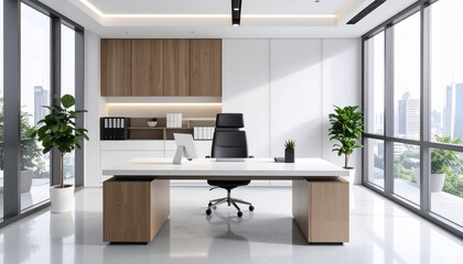 Elegant modern office interior with city view and stylish furniture for work space