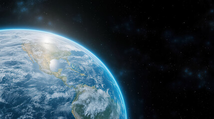 Earth view from space, showcasing vibrant blue oceans and green landmasses, evokes wonder