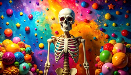 A stylized skeleton stands amidst a vibrant display of colorful spheres, set against a backdrop of swirling, rainbow hues.