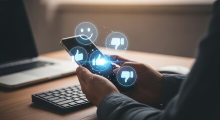 Person using a mobile phone with social media icons floating above the screen