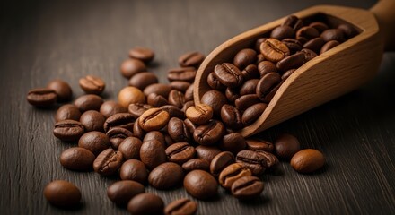 Fototapeta premium Closeup of coffee beans with wooden scoop on a dark wooden table surface