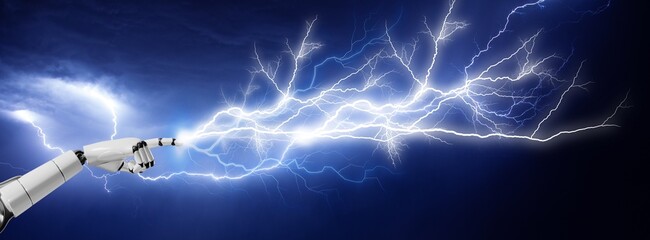 An intriguing image of a robot hand unleashing a powerful lightning strike against a striking dark background. This composition explores the themes of technology, power, and futurism.