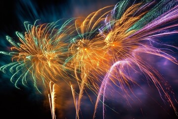 Vibrant fireworks explode in the night sky, creating colorful bursts of light and intricate patterns.