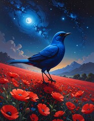 A magnificent blue bird stands amidst a vast field of crimson poppies under a starlit night sky.