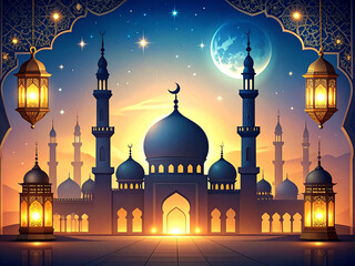 Elegant Islamic background with mosque silhouettes, lanterns, and geometric patterns, perfect for Ramadan and Eid celebrations.