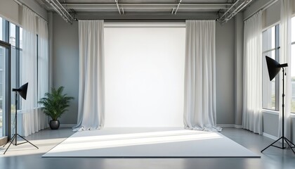 Fototapeta premium Spacious photography studio features large windows, soft daylight illumination, clean white backdrop. Modern urban setting with minimalist design elements includes lighting equipment, potted plant.