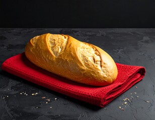 A loaf of artisan bread rests on a red kitchen towel, displayed against a dark backdrop.