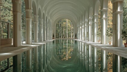 Indoor swimming pool in a grand, light-filled hall with arched ceilings, numerous columns, and large windows showcasing autumnal forest foliage reflected in the still water