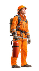 A man in an orange jumpsuit is holding a red fire extinguisher
