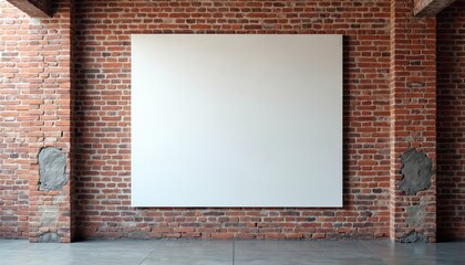 Large blank white canvas on rustic red brick wall in industrial interior. Concrete floor below. Exposed brick columns with plaster damage. Minimalist space for advertising or art display.