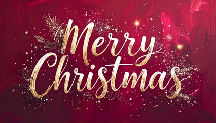 A festive design featuring the words "Merry Christmas" in a gold script font, set against a deep maroon background with artistic brushstrokes and glittering details.