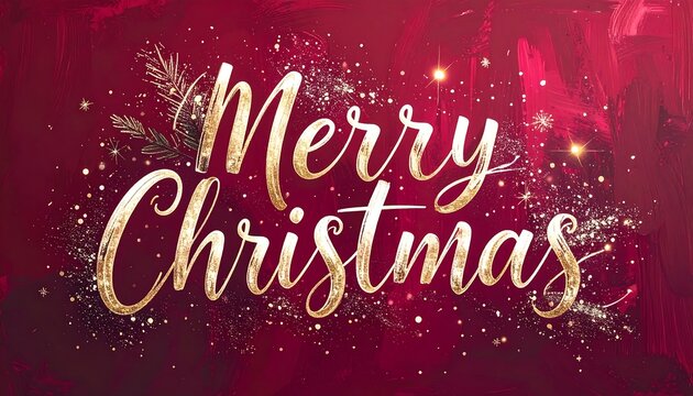 A festive design featuring the words "Merry Christmas" in a gold script font, set against a deep maroon background with artistic brushstrokes and glittering details. - Powered by Adobe