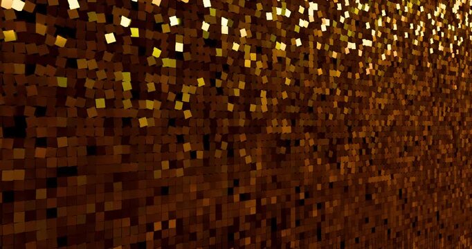 Gold sequins turn up in a random pattern. Side macro view of gorgeous waving pattern background. 4K 3D rendering loop animation.