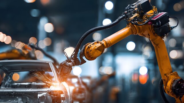 A robotic arm welding metal parts in a factory setting, with sparks flying and a blurred background of industrial machinery
