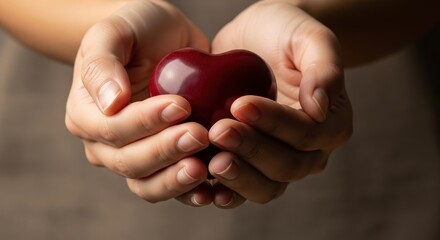 Hands holding a red heart, symbolizing love, care, and health, a gift of life