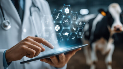 Veterinarian using digital device to log health data of cows, showcasing advanced technology in animal care and veterinary practices