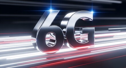 6G network concept with metallic text against speed lines, illustrating the future of high-speed wireless connectivity and advanced telecommunications