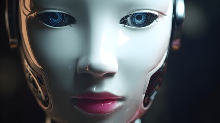 A close-up of a futuristic robotic face with intricate circuit patterns and glowing blue eyes, showcasing advanced technology and artificial intelligence