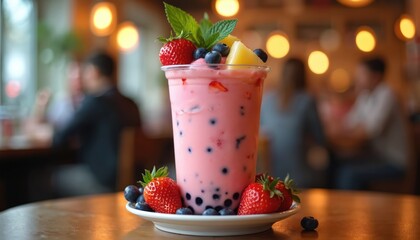 Delicious pink boba tea with fresh strawberries, blueberries, pineapple chunks. Vibrant, cold beverage features tapioca pearls, mint leaves. Perfect summer treat from trendy cafe, ideal for