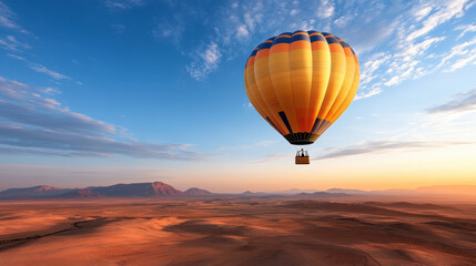 Obraz premium Vibrant hot air balloon floats over serene desert landscape sunrise, creating breathtaking view