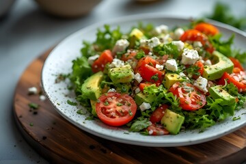 plate of salad with arugula, avocado, tomatoes and feta