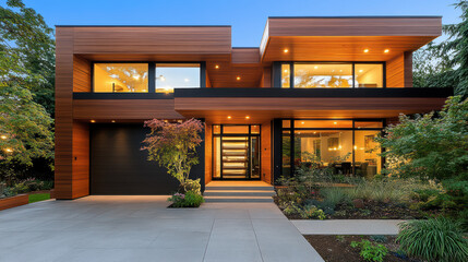 Obraz premium Modern house exterior glowing with smart lights, showcasing sleek design and natural elements