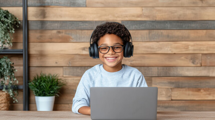 Smiling child with headphones using laptop for online learning in cozy environment