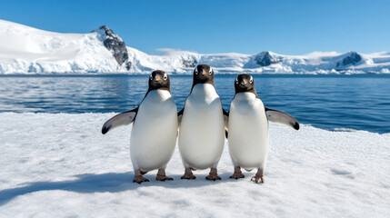 Obraz premium Three penguins stand together snowy landscape, showcasing their playful nature against stunning