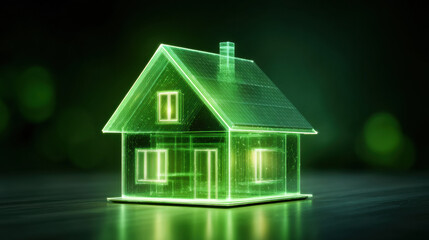 Sustainable smart home model glowing with green light on dark background