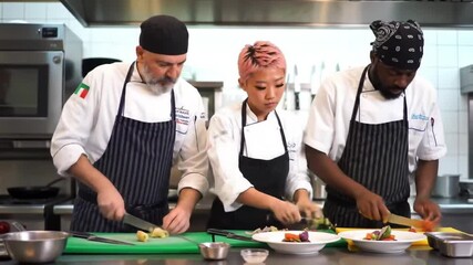 Midsection of diverse group of chefs preparing food in restaurant kitchen. Working in a busy restaurant kitchen