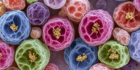 Cellular Symphony: Microscopic view of vibrant cells reveals an intricate structure, a mesmerizing array of colors and forms within the body, evoking a sense of curiosity and wonder.