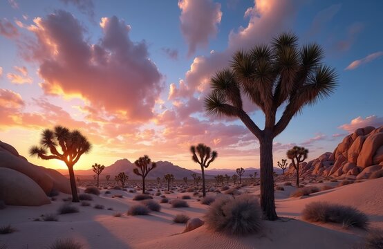 Vast desert landscape iconic Joshua trees with spiky silhouettes in rugged rocks under bright blue sky with fluffy clouds. Arid terrain offers sense of tranquility, remote beauty. Sunlight