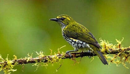 A vibrant, green and yellow bird perches serenely on a mossy branch, showcasing intricate patterns and a soft, natural light.