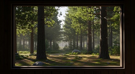 A serene forest scene viewed through a window, showcasing tall pine trees and dappled sunlight filtering through the canopy.