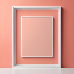 Fototapeta premium Minimalist Geometric Composition with Two White Layered Picture Frames Against a Vibrant Peach Coral Wall and Light Pink Surface
