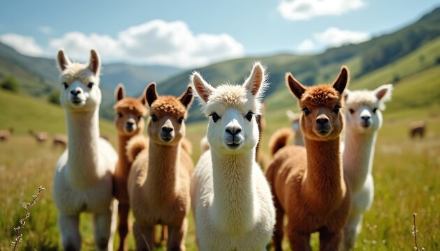 Group of fluffy llamas pose playfully in sunny meadow. Rolling green hills form scenic background for charming, domestic mammals. Woolly coats, gentle eyes evoke peace, joy, perfect for nature farm - Powered by Adobe