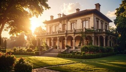 Obraz premium Luxurious Italianate Villa with Sunlit Facade and Lush Gardens at Golden Hour