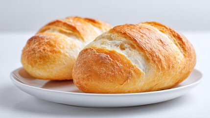 白い皿にのった焼きたての楕円形パンのクローズアップ、白背景