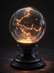 Illuminated glass sphere on a dark stand, containing swirling, golden light patterns resembling constellations or energy streams, sits on a dark wooden surface