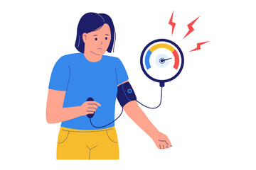 Medical Illustration of Hypertension and Blood Pressure. Woman Checking Her Blood Pressure with a Stethoscope and a Gauge