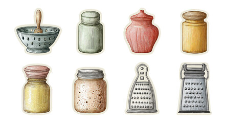 Vintage Kitchen Utensils and Containers with Unique Shapes and Colors on Transparent Background