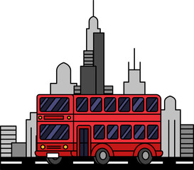 illustration of a red double decker bus in the city