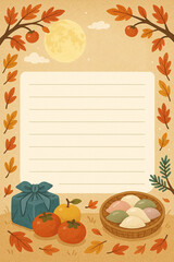 Chuseok stationery paper with bright full moon, basket of songpyeon rice cakes, persimmons, bojagi gift, and autumn leaves decoration for Korean holiday season