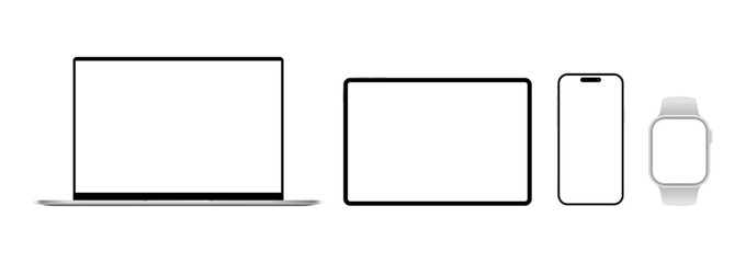 Realistic mobile phone, laptop, tablet pc and smart watch devices blank screen mockup set. Vector illustration