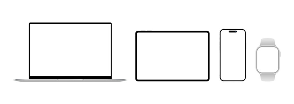 Realistic mobile phone, laptop, tablet pc and smart watch devices blank screen mockup set. Vector illustration