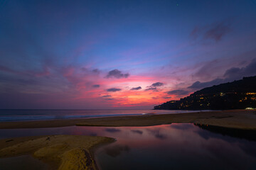 sweet sky at sunset reflection in the beach puddle. The sun's rays glistened in the puddle creating a mesmerizing dance of colors. stunning colorful reflection in sea surface.colorful sky